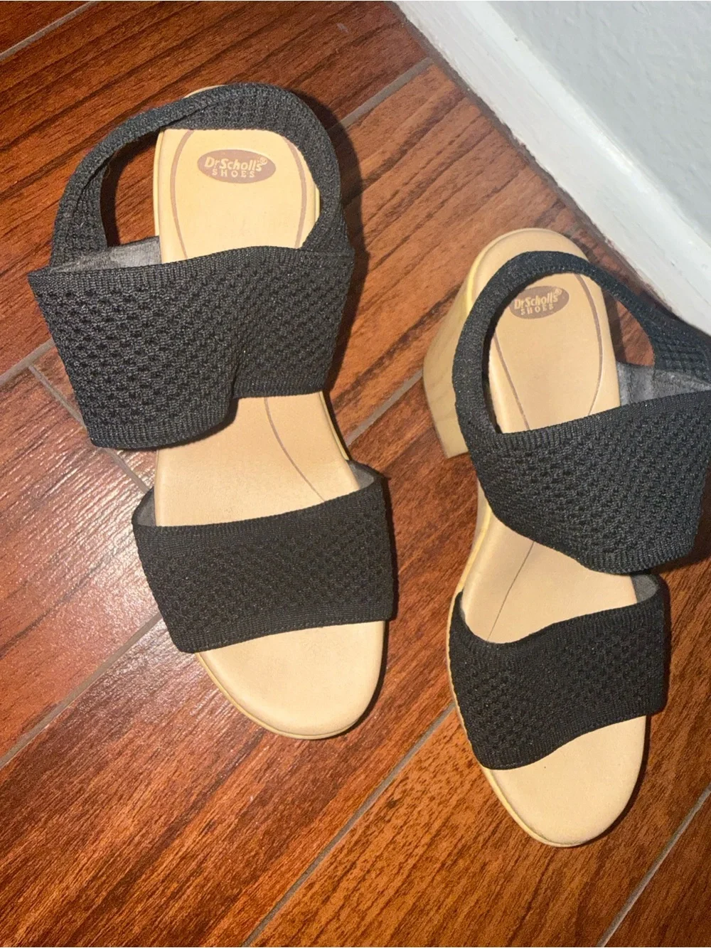 Dr. Scholl's Black Knit Platform Sandals with Wood-Look Block Heel